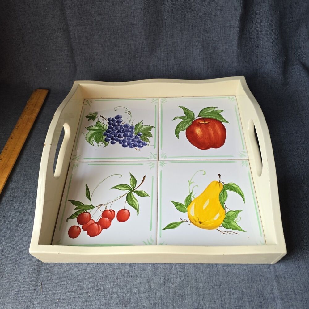 Vintage Handpainted Fruit Ceramic Tile Wooden Tray 13x13x4 Cottagecore Grandma